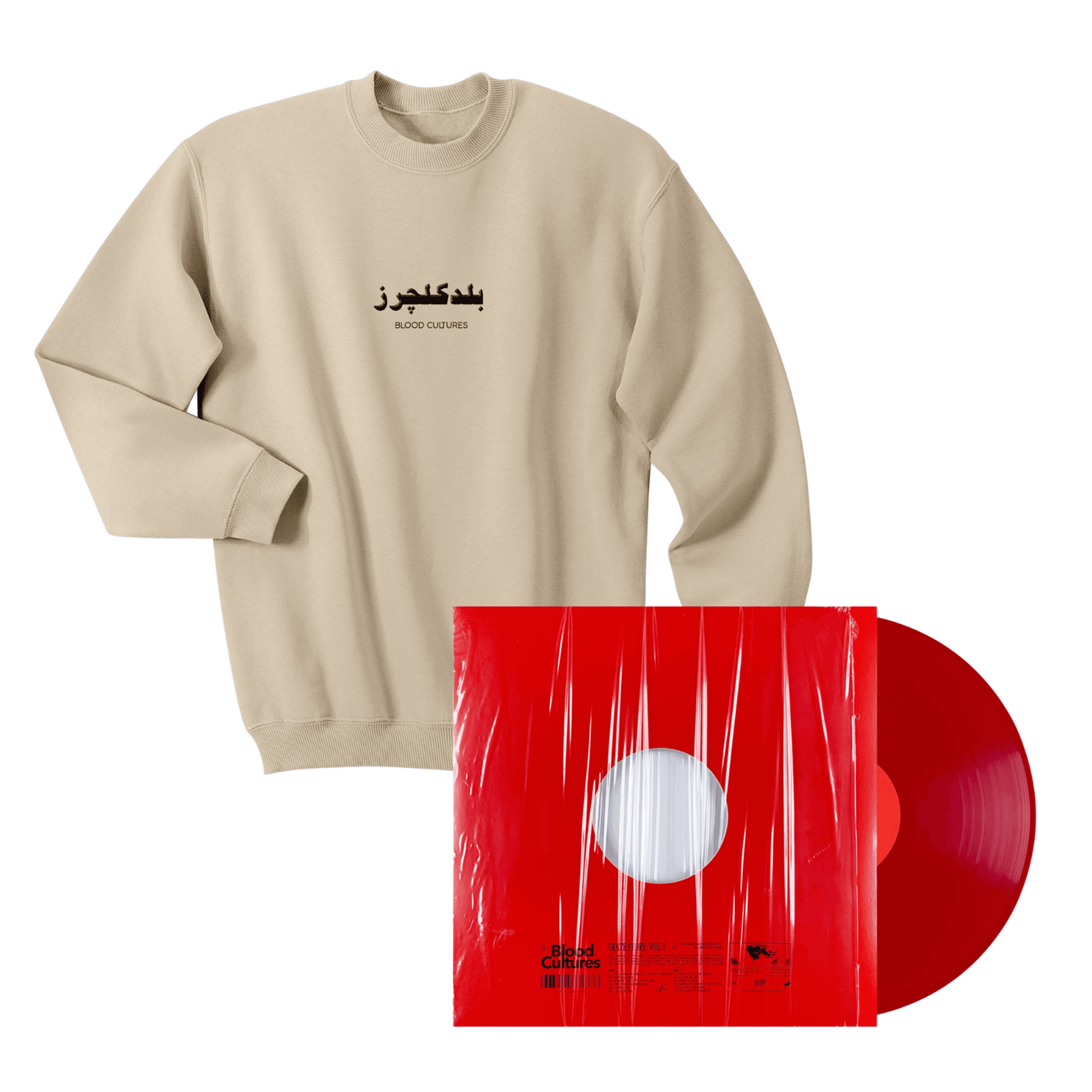 Blood Cultures Urdu Crewneck [Cream] + Skate Story Red Vinyl [Bundle]